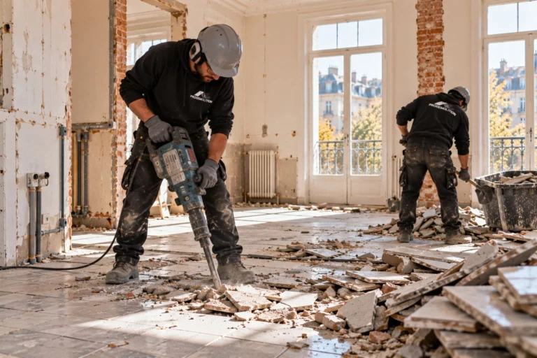 Removal of floor tiles, wall tiles and screed